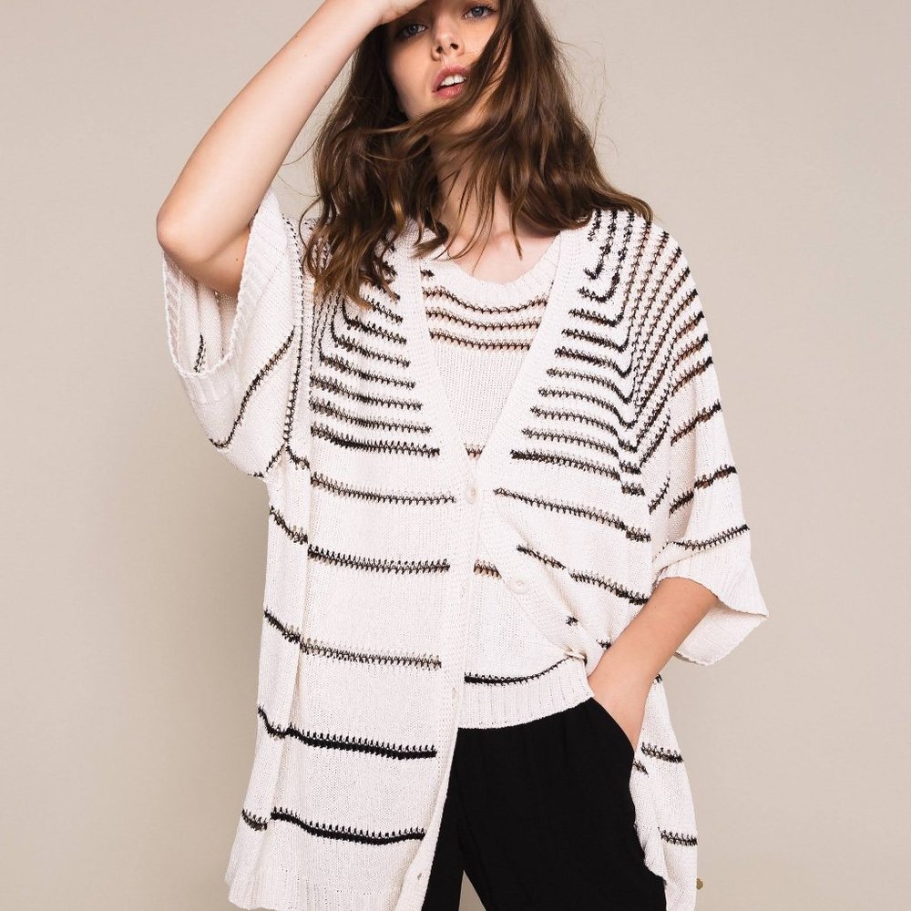NWT TWINSET Italy Viscose Striped Knit Cardigan Ivory Black Size M